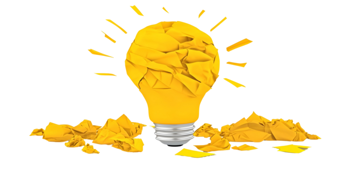 3D Illustration Of A Yellow Lightbulb With Crumpled Paper Background