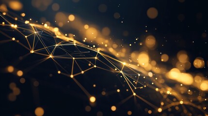 Abstract network of glowing golden points and lines on a dark background.  Complex interconnected structure, digital illustration