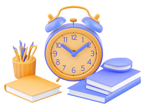 3D Illustration Of Alarm Clock, Books, And Pencils - Isolated Background