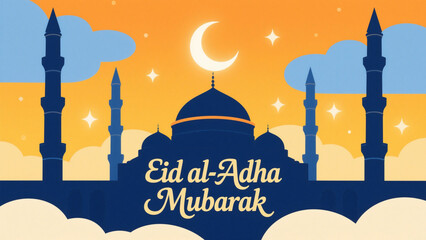 A vibrant illustration of Eid al-Adha Mubarak, featuring a stunning silhouette of a mosque with multiple minarets against a warm, golden-orange sky. Eid al Adha, Eid al Adha Mubarak