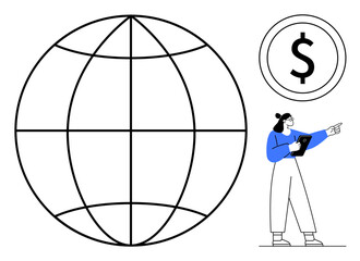 Globe outline, businesswoman holding tablet and pointing, dollar sign symbol. Ideal for finance, globalization, business strategy, data analysis, economy, education simple landing page