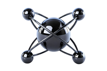 3D Illustration Of An Atomic Model, Black Metal Sphere With Orbits, Isolated Background, Abstract Design