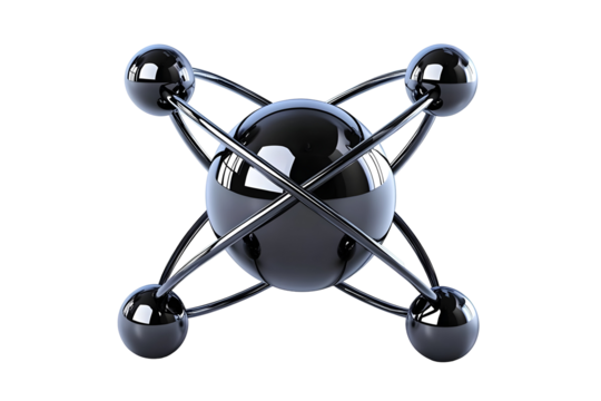 3D Illustration Of An Atomic Model, Black Metal Sphere With Orbits, Isolated Background, Abstract Design
