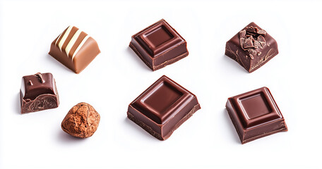Obraz premium Decadent Dark Chocolate Assortment: A Gourmet Collection of Rich, Smooth, and Luxuriously Textured Chocolate Squares and Bonbons, Including a Single Hazelnut for a Touch of Nutty Delight.