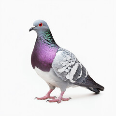 Obraz premium Majestic Rock Dove: A Vibrant Portrait of a Common City Bird, Detailed Study of Plumage, Feathers, and iridescent Neck, Close-up View Against a Pure White Background, Photography of Wild Columbidae
