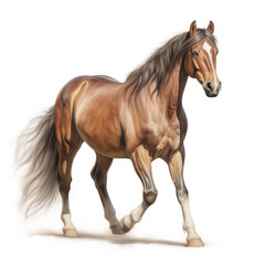 Obraz premium Majestic Chestnut Horse in Motion: A Stunning Portrait of Equine Elegance and Power, Beautifully Rendered with Lifelike Detail, Capturing the Grace and Strength of a Mature Horse Against a Pure White