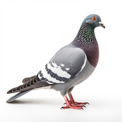 A Majestic Rock Dove: A Study in Avian Elegance – Detailed Portrait of a Common Pigeon, showcasing its iridescent plumage and intricate feather patterns against a pure white background.  The bird's