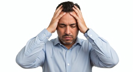 Naklejka premium Man in blue shirt with hands on head looking stressed on a white background in a studio shot