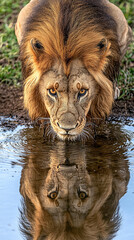 Majestic African Lion, King of the Savannah, Drinking from a Murky Puddle; Intense Gaze, Golden Mane, Powerful Alpha Male in his Prime, Approximately 7-8 Years Old.