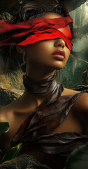 Enigmatic Elegance: Close-up Portrait of a Woman in her Late 20s, adorned with a Draped Grey Silk Scarf against a Murky, Textured Background, Evoking Mystery and Intrigue through Dramatic Lighting