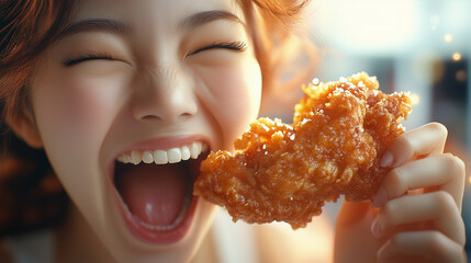 A Delightful Moment: Young Woman, Early 20s, with Radiant Smile Devours Crispy Fried Chicken, Close-up Shot Showcasing Texture and Joyful Expression, Culinary Delight, Food Photography,  Appetizing