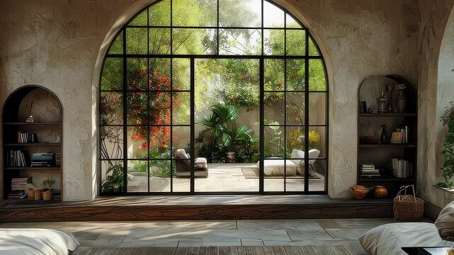 Tranquil interior design with large arch windows and patio view serene relaxation space contemporary home design