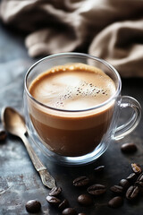 Indulgent Morning Ritual: Aromatic Latte in a Double-Walled Glass Mug, Warm Beverage, Coffee Shop Ambiance, Creamy Texture, Coffee Bean Details