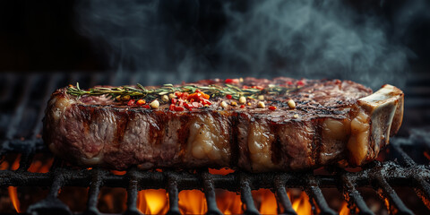 Sizzling Summer Steak: A Culinary Masterpiece of Grilled Ribeye, Perfectly Marbled and Seasoned with Vibrant Red Peppers, Smoking Hot and Ready to Savor, a Feast for the Senses.
