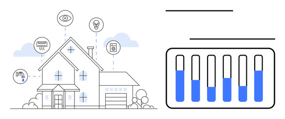 Obraz premium House with energy icons, smart devices, and data graph with blue bars. Ideal for technology, automation, energy, IoT, data, monitoring simple landing page