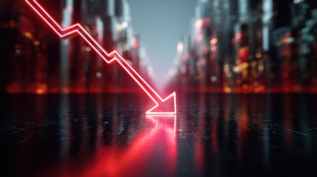 Neon glowing red arrow pointing downward with reflection on wet surface in dark cityscape background, symbolizing decline or decrease in value or performance