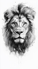 Majestic Lion Portrait: A Striking Monochromatic Study of a Male Lion in his Prime, showcasing his Powerful Gaze and Luxurious Mane, rendered in Exquisite Detail with Graphite or Charcoal, capturing