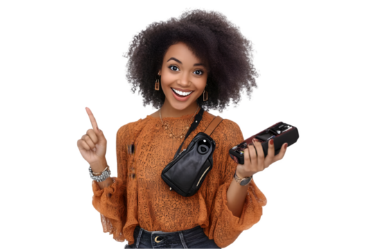 Excited Woman Holding Camera Portrait Photo Isolated Background