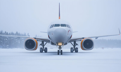Obraz premium Passenger plane readies for takeoff on a snowy runway. Trees and fog in the distance
