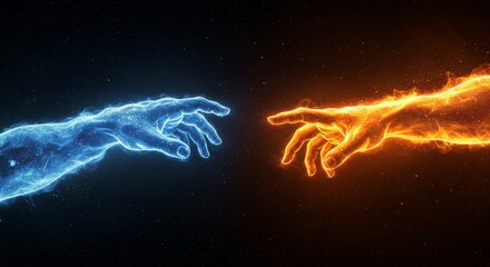 Cosmic Connection: Ice and Fire Hands Reaching in Starry Void