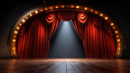 Fototapeta premium Red velvet theater curtain with golden lights on wooden stage floor illuminated by spotlight, creating dramatic and elegant atmosphere for performance art