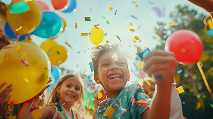 happy group of children celebrating birthday outdoors