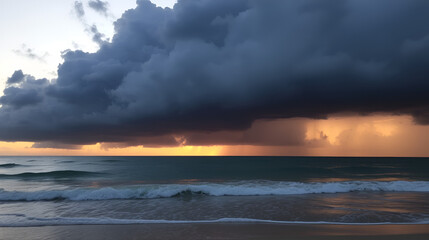 Stormy Skies Over Tranquil Beach at Dusk, dark clouds loom above gentle waves, soft hues of sunset blend with impending rain