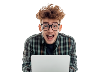 Excited Young Man With Laptop Isolated On White Background Illustration