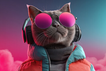 Cool cat wearing round pink sunglasses, headphones, and colorful jacket with turtleneck sweater, looking confident against vibrant pink and blue sky with clouds
