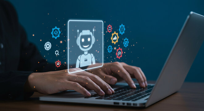 Person typing on a laptop with a chatbot interface and icons floating above the keyboard area shown selling, purchasing,$, agreement
