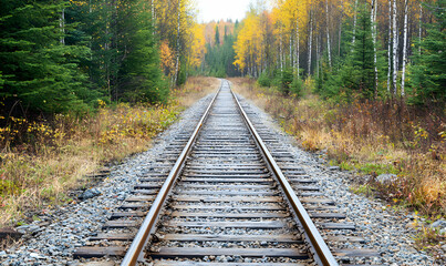 Fototapeta premium Railroad perspective amid autumn foliage. Tracks lead into the horizon between trees