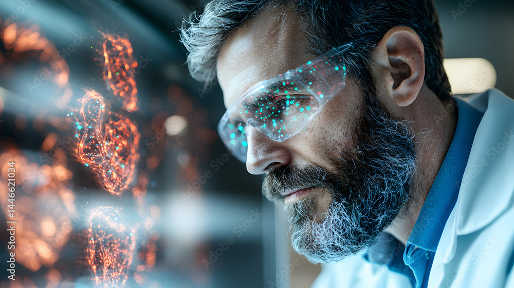 Poster a scientist examines digital data through futuristic glasses. this image could be used for science t