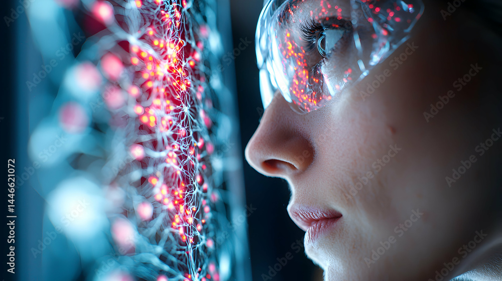 Poster a person gazes at a glowing network symbolizing innovation and technology. it suggests ai interactio