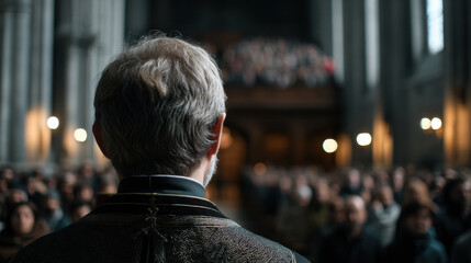 Close up shot from back of priest standing in church filled with people, creating solemn and reverent atmosphere during religious ceremony