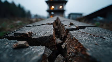Fototapeta premium Cracked concrete surface with deep fissures in outdoor setting, showing weathered texture and rough edges, with blurred background of building and natural environment