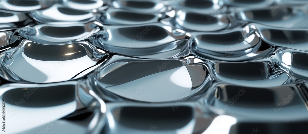 Poster abstract metallic surface with fluid-like formations and high reflections in close-up
