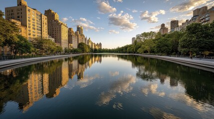 Fototapeta premium Tranquil waters of Central Park pond mirroring the Manhattan skyline at sunset - sky mirror Central landscape