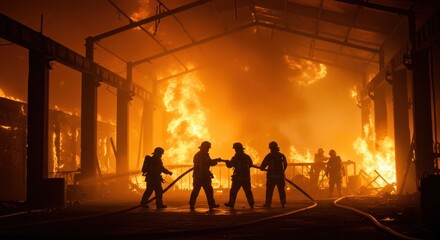 Fototapeta premium Firefighters battling a warehouse fire (Photo)