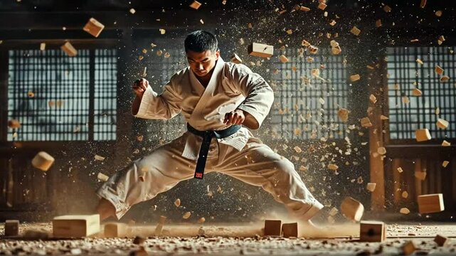 Karate practitioner breaking boards in dojo setting