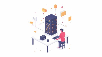 Data Center Management, Isometric illustration of a person managing a data center.