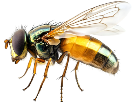 Detailed Isolated Side Profile Of A Fly With Transparent Background, Realistic Photo Of Insect, Close-Up Macro Photography, Golden Green Insect