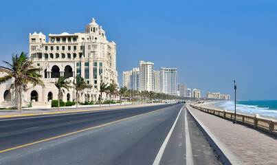 Fototapeta premium Seaside road view with tall buildings, palm trees, blue sky, ocean, and beach on a bright sunny day