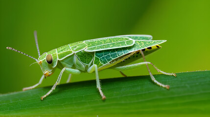 An intricately detailed green leafhopper blending seamlessly with its environment showcasing the wonders of natural camouflage
