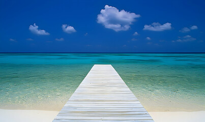 Fototapeta premium Serene beach with a white wooden pier extending into the turquoise sea under a bright blue sky with scattered clouds