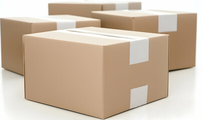 Several tan cardboard boxes with white tape seals, creating a neat, organized stack
