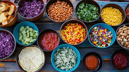 Colorful assortment of ingredients in various bowls on wooden surface.
