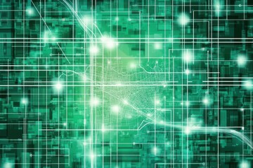 Abstract city map overlaid with digital circuitry,  bright green hues  Intricate network of lines and points