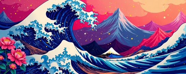 Seamless background with Japanese wave pattern in colorful hues, endless, maritime, decor