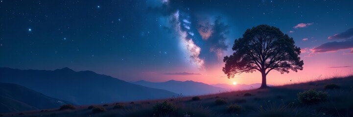 Obraz premium Serene dreamlike landscape with lone tree under starry sky, astronomy, field, tranquil