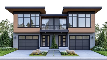 Obraz premium Modern duplex house exterior with gray siding, wood accents, and attached garages.